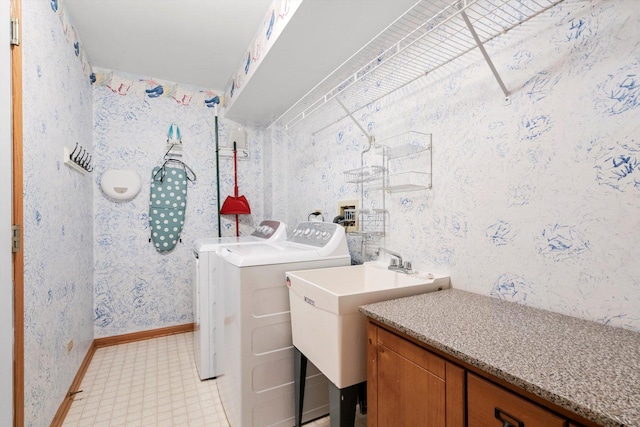 179 Briarcliff Ct, Romeoville, IL 60446 - laundry room with washer and dryer, wallpapered walls, and light floors