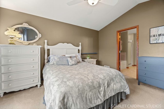 282 Whitfield Dr Unit A, Sugar Grove, IL 60554 - bedroom featuring light colored carpet, lofted ceiling, a ceiling fan, and connected bathroom
