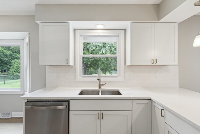 6282 Schaumburg Ln, Roscoe, IL 61073 - kitchen featuring stainless steel dishwasher, decorative backsplash, and white cabinetry