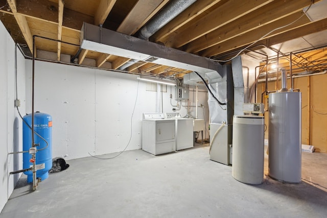 6282 Schaumburg Ln, Roscoe, IL 61073 - unfinished below grade area featuring water heater, independent washer and dryer, a water pressure tank, a water softener, and heating unit