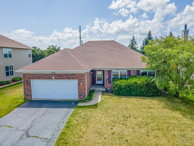 10961 Preston Pkwy, Huntley, IL 60142 - view of front facade featuring brick siding, an attached garage, a front yard, asphalt driveway, and a shingled roof