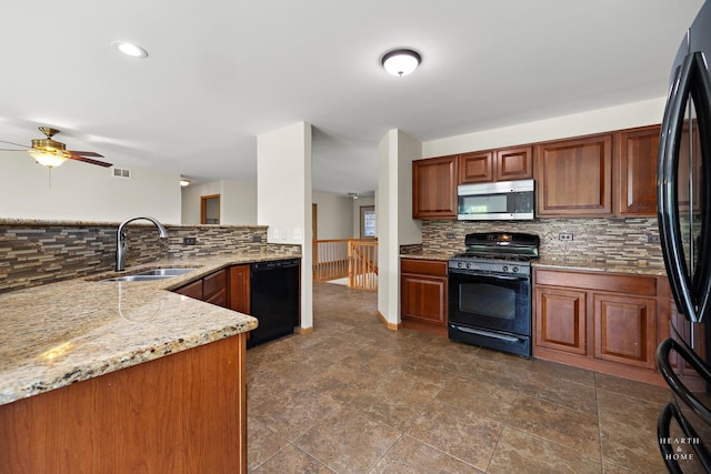 10961 Preston Pkwy, Huntley, IL 60142 - kitchen featuring black appliances, tasteful backsplash, light stone counters, and ceiling fan