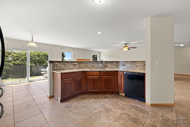 10961 Preston Pkwy, Huntley, IL 60142 - kitchen featuring black dishwasher, healthy amount of natural light, decorative backsplash, and a ceiling fan