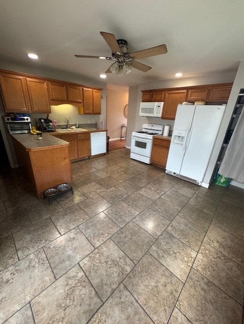 5 Denham Dr, Montgomery, IL 60538 - kitchen featuring white appliances, recessed lighting, ceiling fan, and brown cabinetry