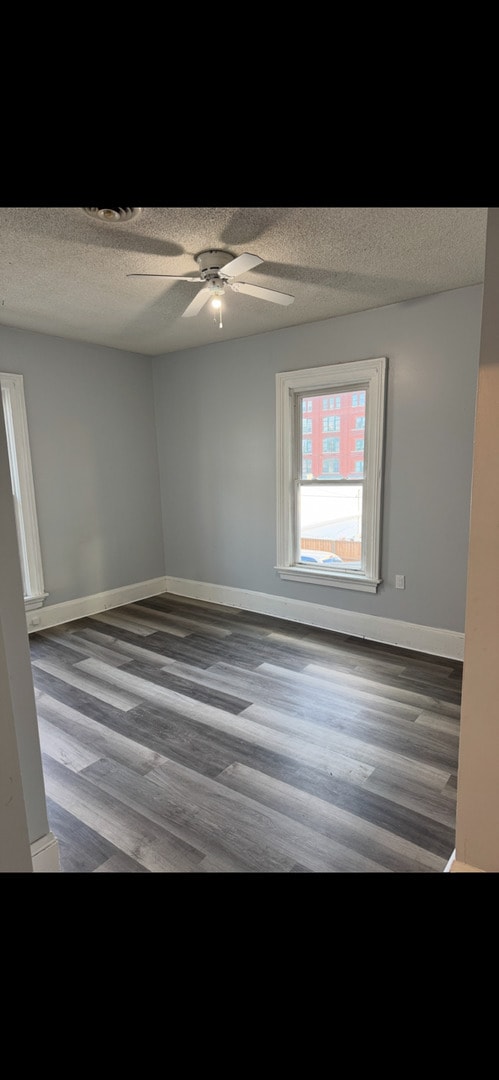 211 E Mulberry St, Bloomington, IL 61701 - spare room with wood finished floors, a textured ceiling, and a ceiling fan