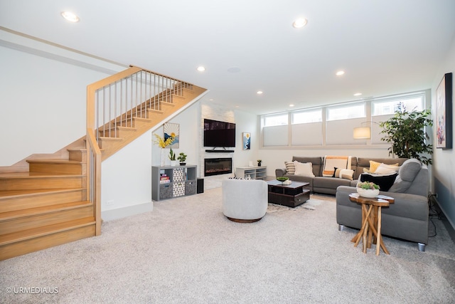 1221 E 46th St Unit 1, Chicago, IL 60653 - living area with carpet flooring, recessed lighting, stairs, and a large fireplace