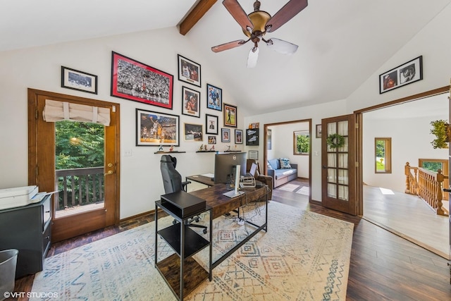 5525 Lee Ave, Downers Grove, IL 60515 - office space featuring plenty of natural light, high vaulted ceiling, wood finished floors, a ceiling fan, and beamed ceiling