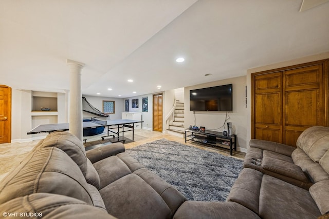5525 Lee Ave, Downers Grove, IL 60515 - living room with built in shelves, stairs, recessed lighting, and decorative columns