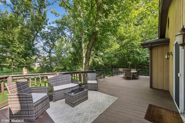 5525 Lee Ave, Downers Grove, IL 60515 - wooden terrace with outdoor dining area, outdoor lounge area, and view of wooded area