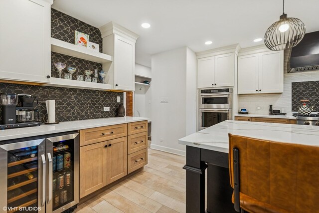 5525 Lee Ave, Downers Grove, IL 60515 - kitchen with wine cooler, double oven, open shelves, tasteful backsplash, and recessed lighting