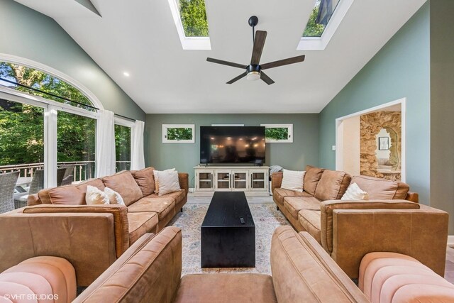 5525 Lee Ave, Downers Grove, IL 60515 - living room featuring a skylight, high vaulted ceiling, ceiling fan, wood finished floors, and recessed lighting