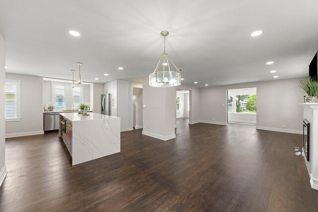 342 Franklin Ave, River Forest, IL 60305 - kitchen with appliances with stainless steel finishes, a center island, dark wood-style floors, a chandelier, and recessed lighting