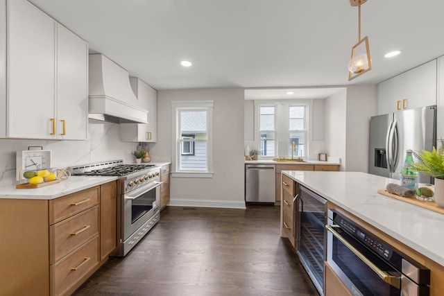 342 Franklin Ave, River Forest, IL 60305 - kitchen featuring appliances with stainless steel finishes, custom exhaust hood, dark wood finished floors, beverage cooler, and recessed lighting