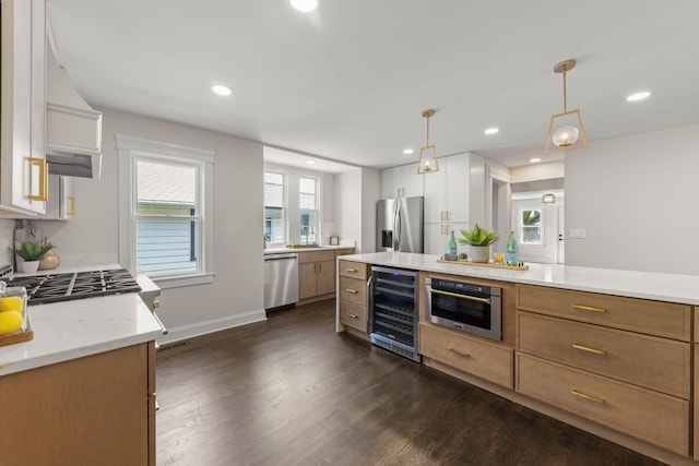342 Franklin Ave, River Forest, IL 60305 - kitchen with beverage cooler, appliances with stainless steel finishes, dark wood finished floors, decorative light fixtures, and light stone counters
