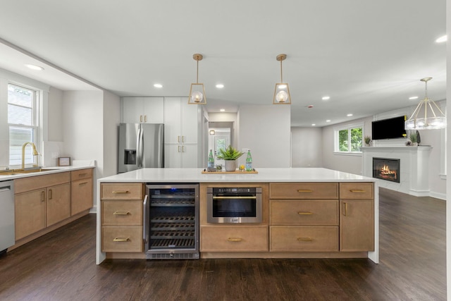 342 Franklin Ave, River Forest, IL 60305 - kitchen with wine cooler, stainless steel appliances, dark wood-style flooring, light countertops, and recessed lighting