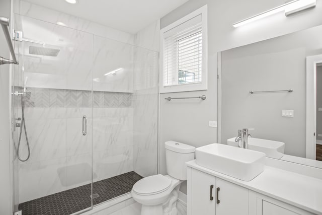 2304 W Jackson Blvd Unit 2W, Chicago, IL 60612 - full bathroom with a marble finish shower, vanity, marble look tiles, and recessed lighting