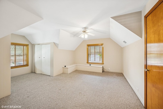 9326 S Millard Ave, Evergreen Park, IL 60805 - additional living space with healthy amount of natural light, light colored carpet, ceiling fan, and lofted ceiling