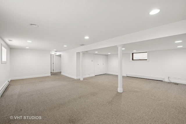 6046 N Monitor Ave, Chicago, IL 60646 - below grade area featuring a baseboard heating unit, carpet, and recessed lighting