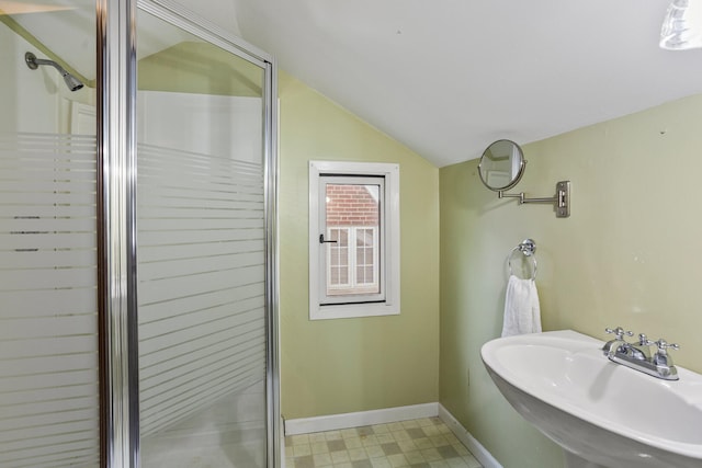 705 Arlington Ct, Champaign, IL 61820 - full bath featuring vaulted ceiling, a shower stall, and tile patterned floors