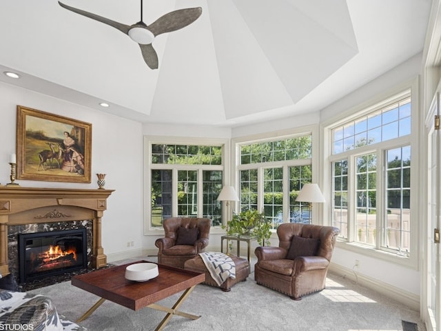 5N113 Burr Rd, Saint Charles, IL 60175 - living area featuring plenty of natural light, a premium fireplace, ceiling fan, carpet flooring, and recessed lighting