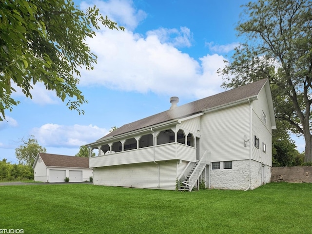 5N113 Burr Rd, Saint Charles, IL 60175 - rear view of house with a sunroom, a yard, a garage, stairway, and a shingled roof