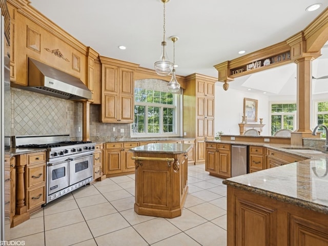 5N113 Burr Rd, Saint Charles, IL 60175 - kitchen featuring double oven range, under cabinet range hood, dark stone countertops, plenty of natural light, and recessed lighting