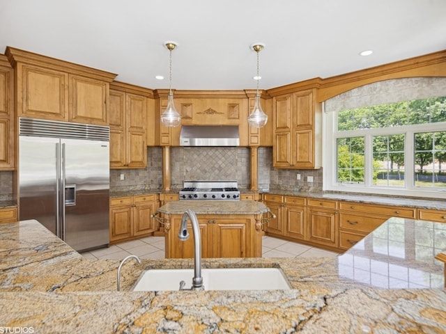 5N113 Burr Rd, Saint Charles, IL 60175 - kitchen featuring built in refrigerator, wall chimney range hood, light tile patterned floors, and stove
