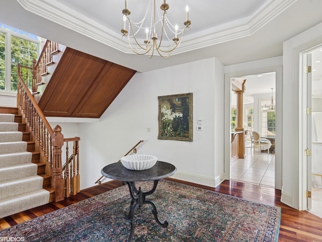 5N113 Burr Rd, Saint Charles, IL 60175 - living area with a chandelier, stairs, plenty of natural light, wood finished floors, and crown molding
