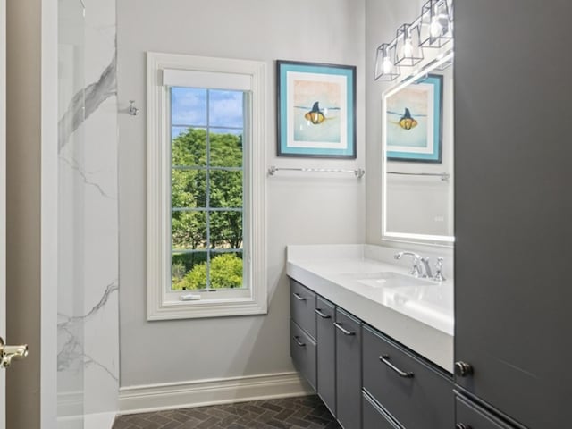 5N113 Burr Rd, Saint Charles, IL 60175 - bathroom with vanity, brick floors, and a marble finish shower