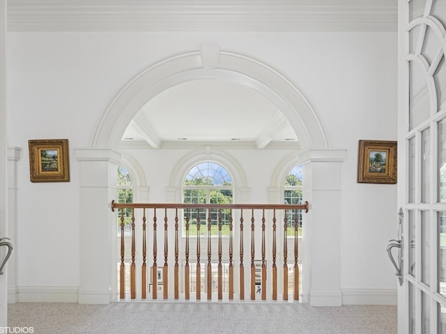 5N113 Burr Rd, Saint Charles, IL 60175 - hallway with arched walkways, beam ceiling, carpet floors, and crown molding