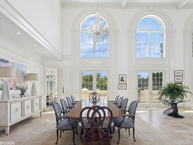 5N113 Burr Rd, Saint Charles, IL 60175 - dining area with french doors, a high ceiling, stone tile floors, a chandelier, and recessed lighting