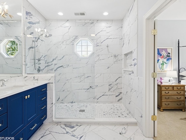 5N113 Burr Rd, Saint Charles, IL 60175 - bathroom with vanity, a marble finish shower, healthy amount of natural light, recessed lighting, and marble finish floors