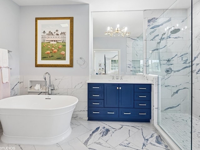 5N113 Burr Rd, Saint Charles, IL 60175 - bathroom with a marble finish shower, a freestanding bath, tile walls, vanity, and a chandelier