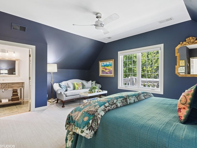 5N113 Burr Rd, Saint Charles, IL 60175 - carpeted bedroom with lofted ceiling, a ceiling fan, and connected bathroom