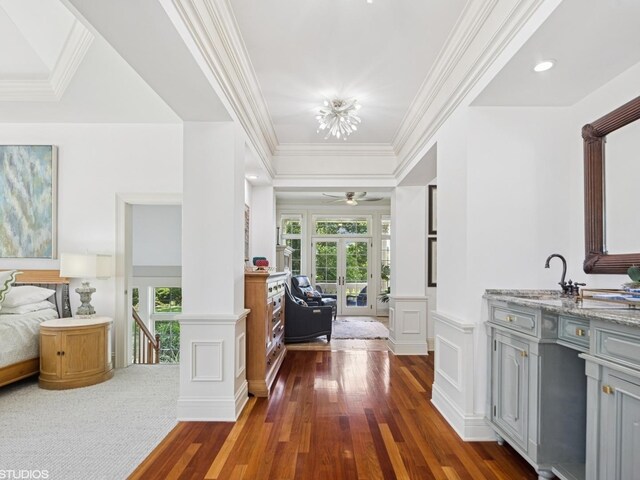 5N113 Burr Rd, Saint Charles, IL 60175 - hall with french doors, dark wood finished floors, a decorative wall, ornamental molding, and a wainscoted wall