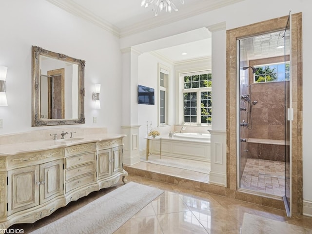 5N113 Burr Rd, Saint Charles, IL 60175 - full bath featuring a bath, vanity, crown molding, marble tiled flooring, and a stall shower
