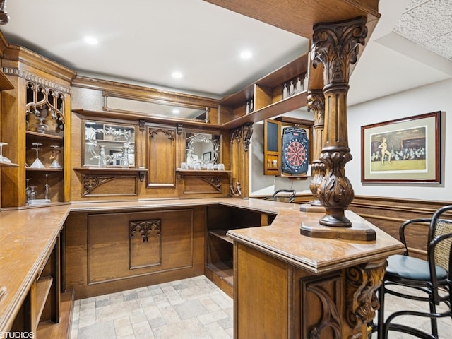5N113 Burr Rd, Saint Charles, IL 60175 - kitchen with open shelves, recessed lighting, light stone finish floors, a peninsula, and an office area