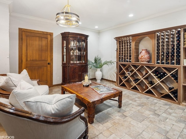 5N113 Burr Rd, Saint Charles, IL 60175 - wine cellar with crown molding, stone tile flooring, recessed lighting, and a chandelier