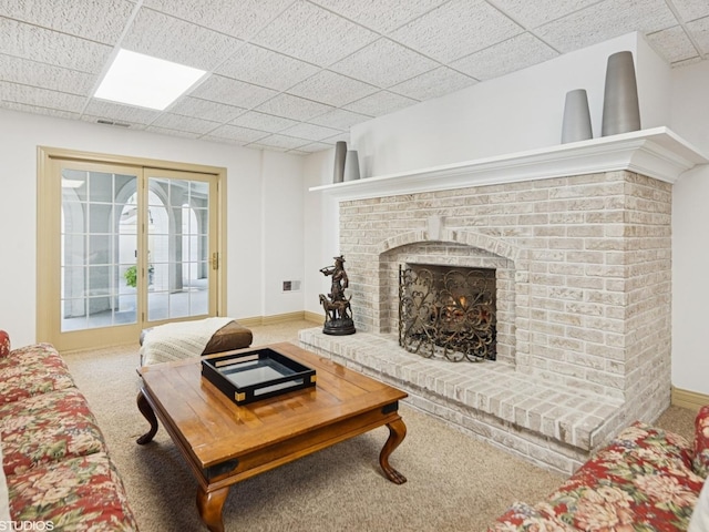 5N113 Burr Rd, Saint Charles, IL 60175 - living room with carpet floors, a fireplace, and a drop ceiling