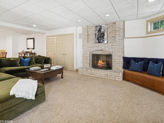 5N113 Burr Rd, Saint Charles, IL 60175 - living area featuring carpet flooring, recessed lighting, a fireplace, and a paneled ceiling