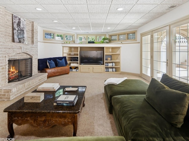 5N113 Burr Rd, Saint Charles, IL 60175 - living area featuring carpet, a brick fireplace, and recessed lighting