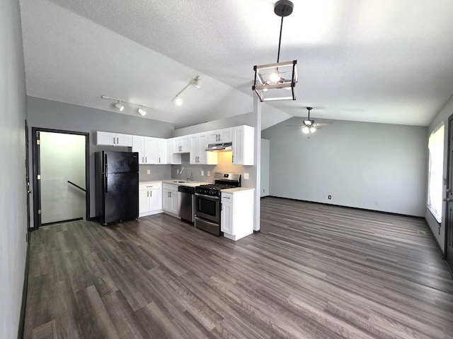 605 Tyler St, Genoa, IL 60135 - kitchen featuring stainless steel appliances, a ceiling fan, under cabinet range hood, light countertops, and white cabinets