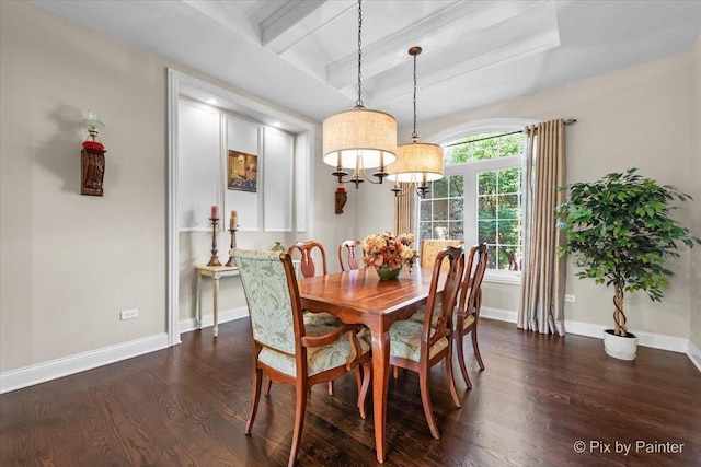 1075 Redbud Ln, Sugar Grove, IL 60554 - dining space featuring dark wood-style floors, beamed ceiling, and a chandelier