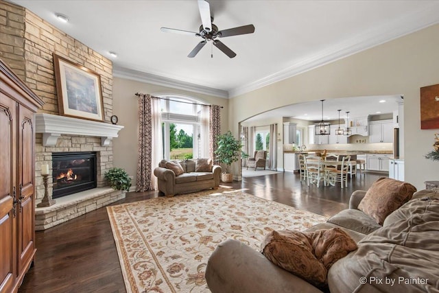 1075 Redbud Ln, Sugar Grove, IL 60554 - living area featuring a ceiling fan, ornamental molding, dark wood finished floors, a stone fireplace, and arched walkways