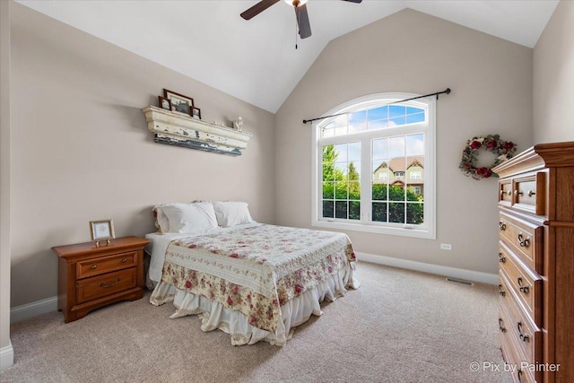 1075 Redbud Ln, Sugar Grove, IL 60554 - bedroom with light carpet, vaulted ceiling, and ceiling fan