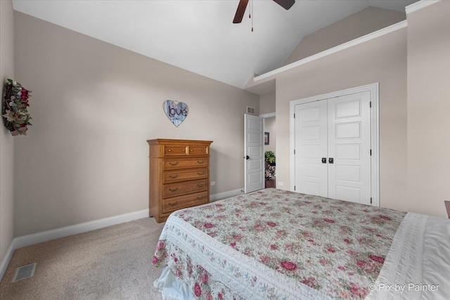 1075 Redbud Ln, Sugar Grove, IL 60554 - carpeted bedroom with vaulted ceiling, a closet, and ceiling fan