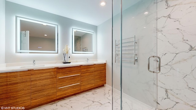 14352 Crystal Tree Dr, Orland Park, IL 60462 - full bathroom featuring marble tiled flooring, double vanity, a marble finish shower, and recessed lighting