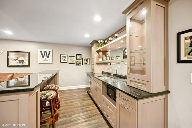 1613 Constitution Dr, Glenview, IL 60026 - indoor wet bar featuring light wood-type flooring, black microwave, and recessed lighting