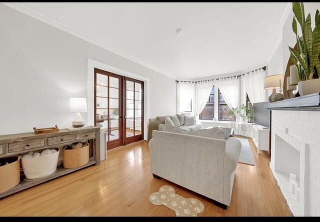 1040 Washington Blvd Unit 2, Oak Park, IL 60302 - living room featuring french doors, crown molding, wood finished floors, and a fireplace