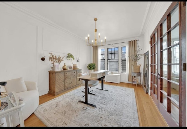 1040 Washington Blvd Unit 2, Oak Park, IL 60302 - office area with ornamental molding, a chandelier, light wood-style flooring, and french doors
